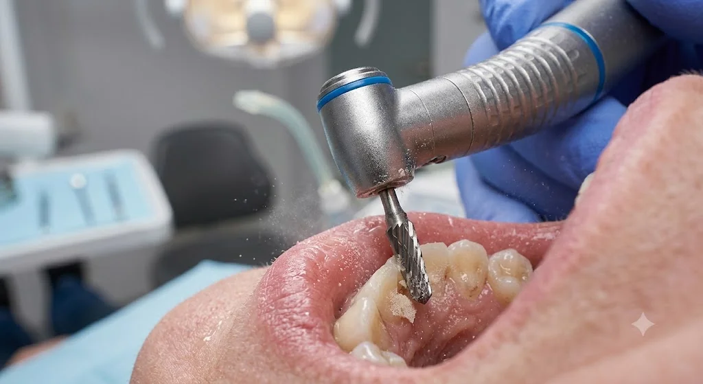 Tungsten carbide bur removing composite resin adhesive residue from tooth enamel after bracket removal