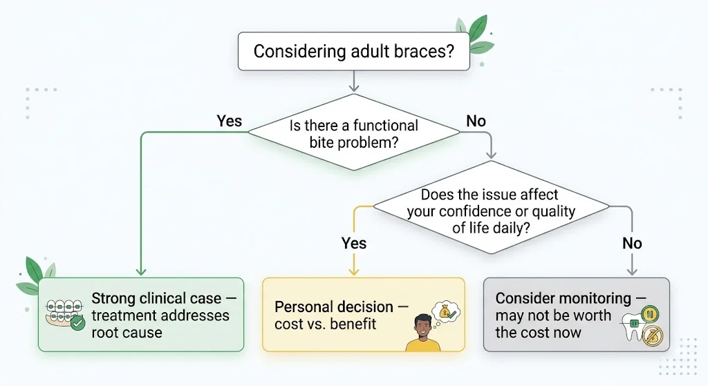 Decision flowchart for adult braces — functional bite problem leads to strong clinical case; cosmetic concern leads to personal cost-benefit decision