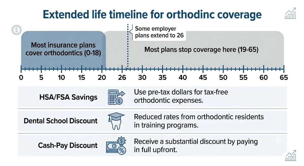 Timeline diagram showing insurance orthodontic coverage ending at age 18-19 for most plans