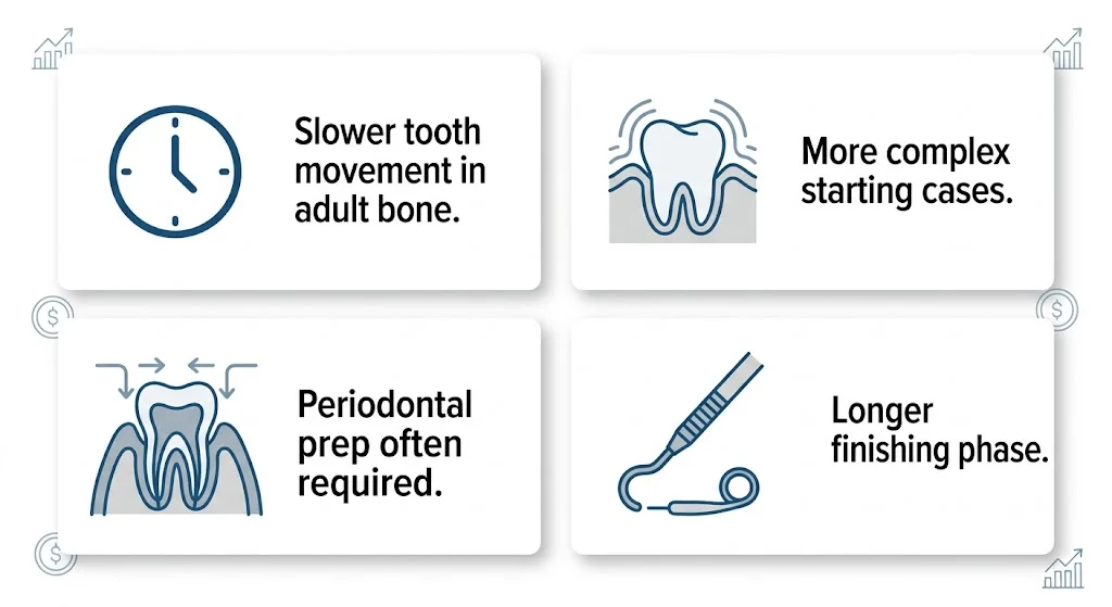 Four-panel icon grid explaining why adult braces cost more than teen braces