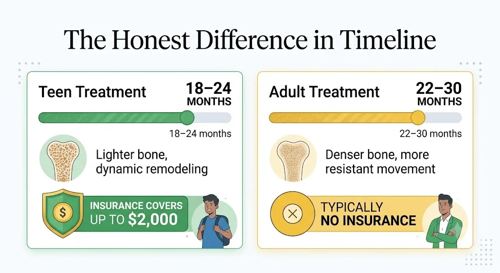 Adult vs teen braces treatment timeline comparison — adult cases run 22-30 months vs 18-24 months for teens