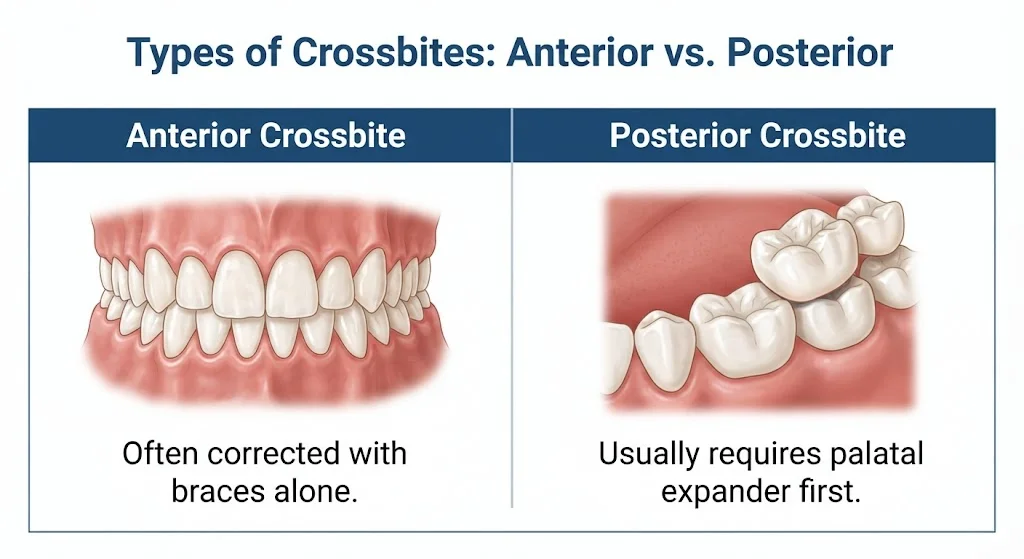 Side-by-side comparison showing anterior crossbite versus posterior crossbite