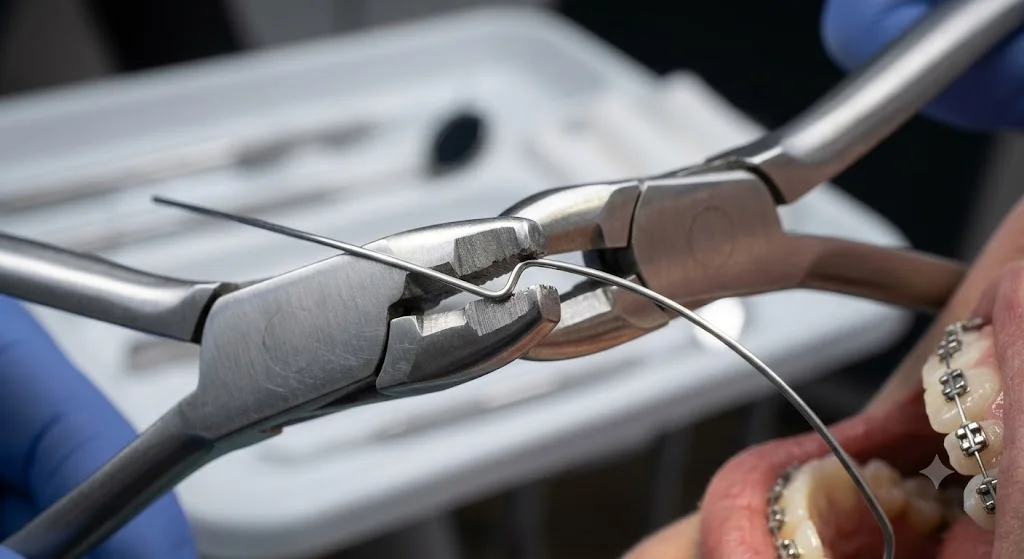 Close-up of orthodontist making precise detailing bends in stainless steel archwire