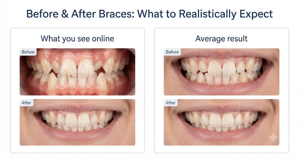 Comparison of dramatic before-and-after results versus typical average braces results