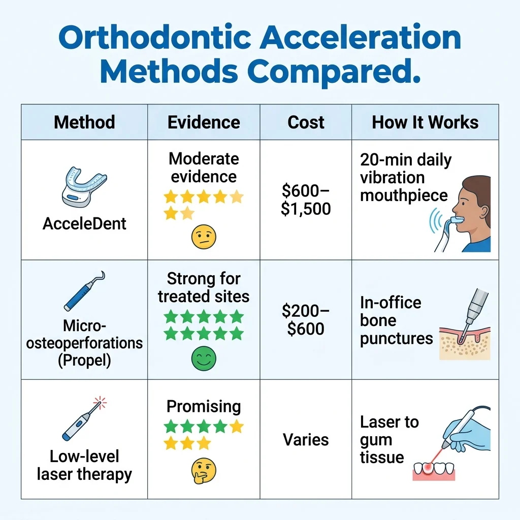 Comparison table of orthodontic acceleration methods: AcceleDent, micro-osteoperforations, laser therapy
