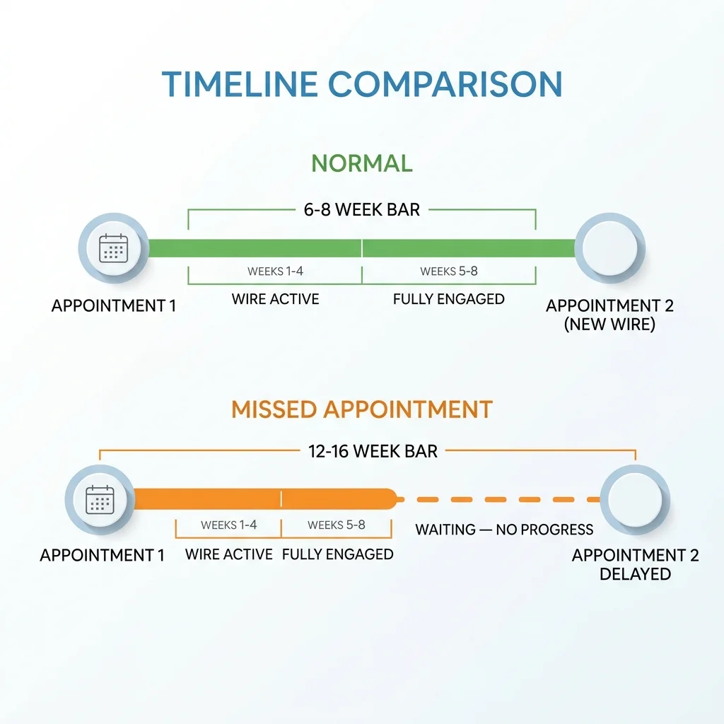Comparison of normal 6–8 week appointment cycle versus missed appointment extended to 12–16 weeks