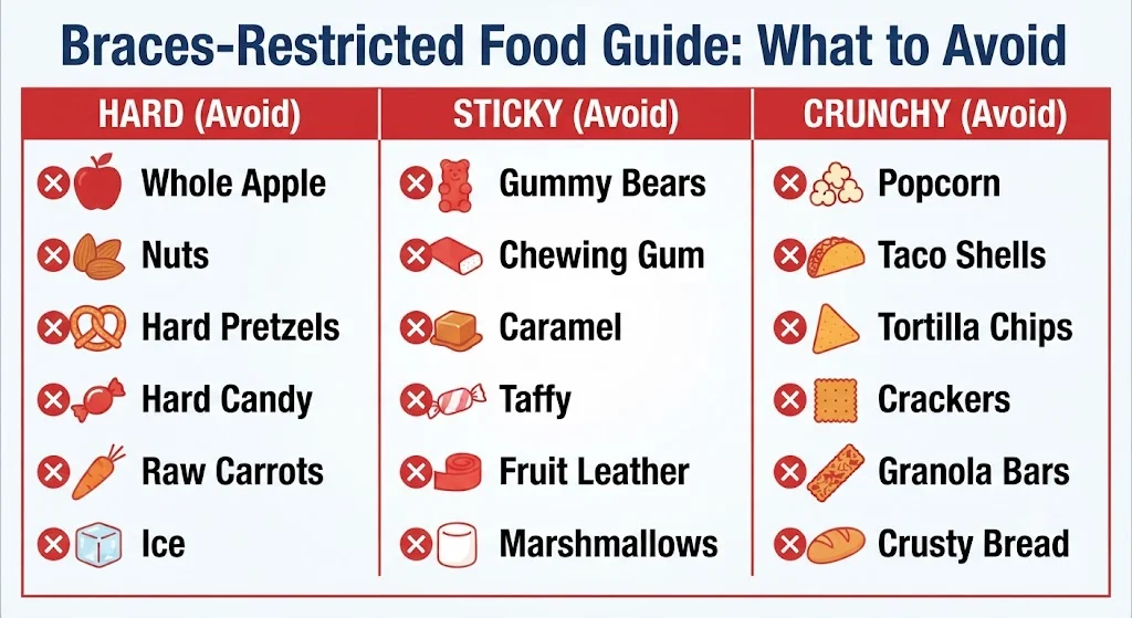 Chart showing hard, sticky, and crunchy foods to avoid with braces
