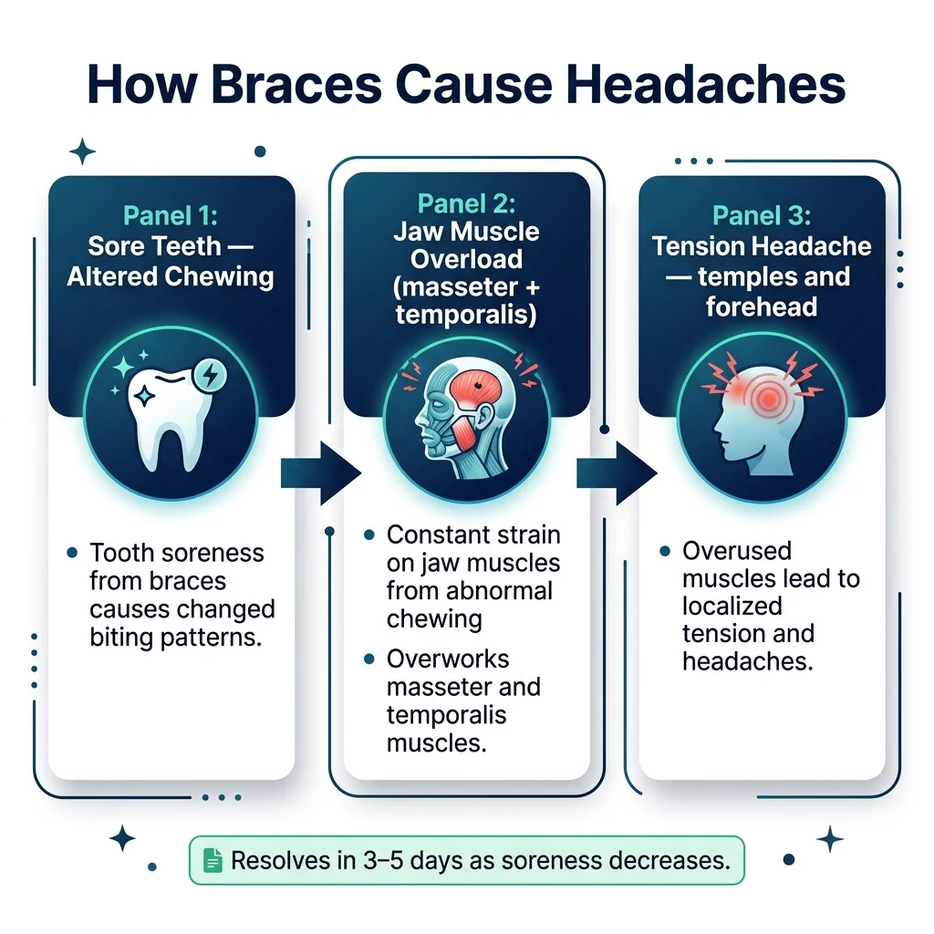 Cause-and-effect flow: sore teeth to jaw muscle overload to tension headache