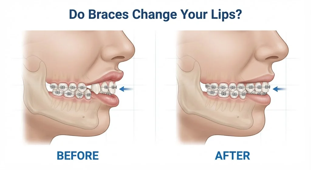 Side-profile illustration showing how tooth position affects lip resting position before and after braces