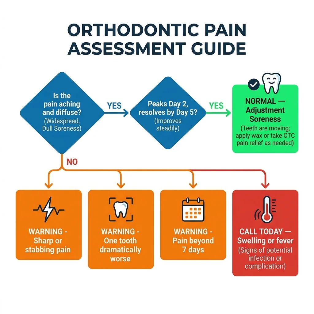 Decision flowchart for normal braces soreness versus warning signs requiring orthodontist call