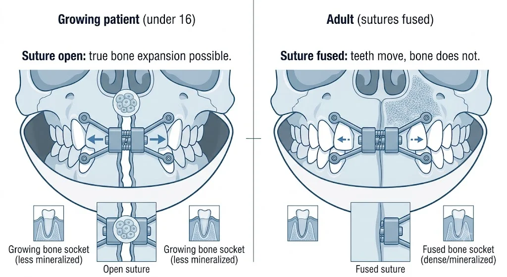 Diagram comparing palate suture in growing patient vs adult — showing why bone change is only possible in younger patients