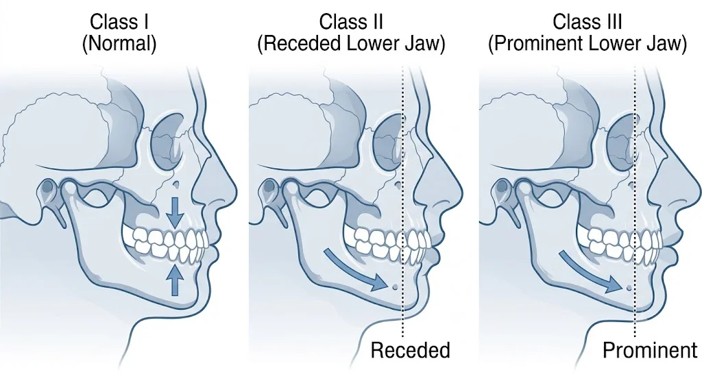 Profile silhouette comparison of Class I, Class II, and Class III jaw relationships