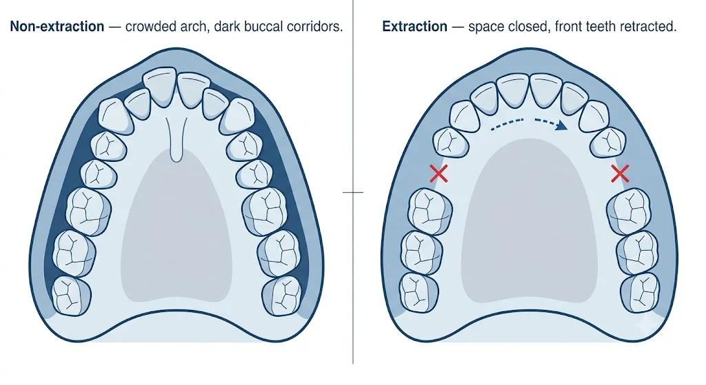 Top-down occlusal view comparing crowded arch vs extraction arch — showing how premolar removal creates space for front tooth retraction