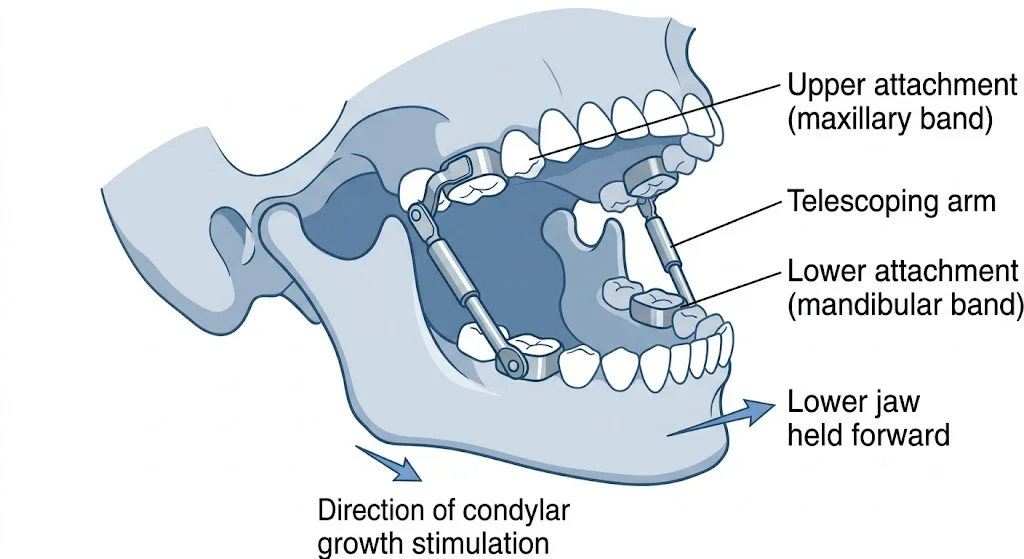 Diagram of Herbst appliance showing how it holds the lower jaw forward to stimulate condylar growth in growing patients