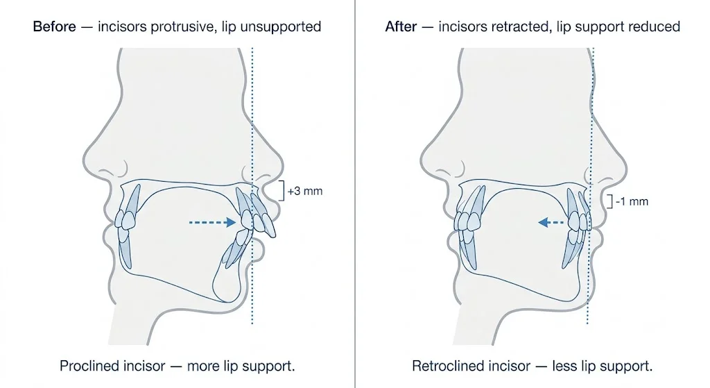 Diagram showing how incisor angulation affects lip support — proclined vs retroclined upper front teeth