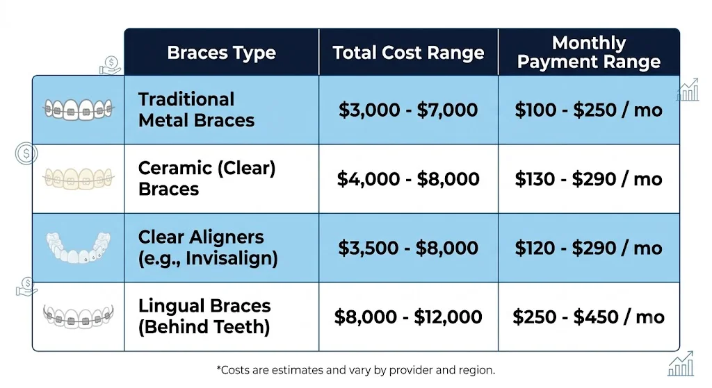 Visual comparison table of monthly braces payments by type — metal, ceramic, Invisalign, lingual