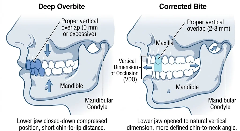 Cross-section diagram showing jaw position in deep overbite vs corrected bite — how vertical dimension changes the jawline
