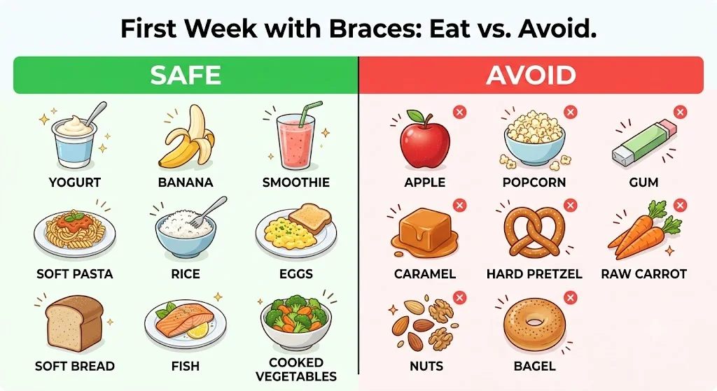 Safe vs avoid foods chart for first week with braces — green column shows safe soft foods, red column shows foods to avoid