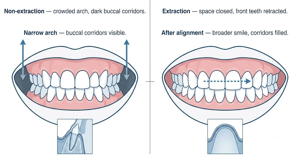 Front-view smile diagram comparing narrow arch with buccal corridors vs wide arch after alignment