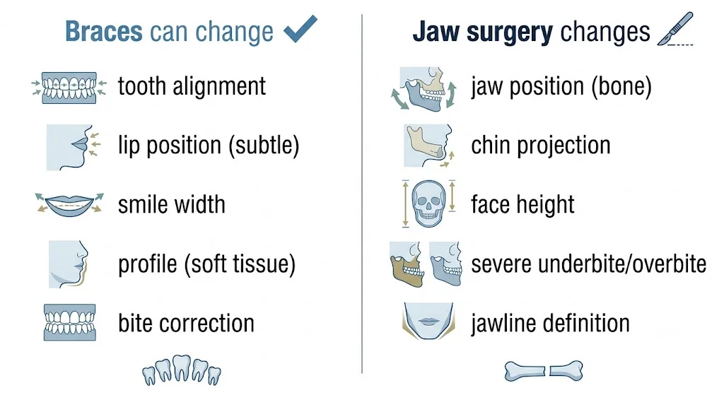 Reference chart comparing what braces can change vs what requires jaw surgery