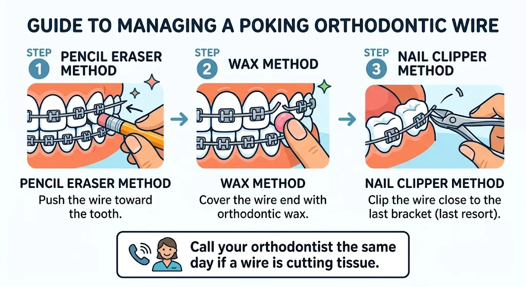 Three methods to fix a poking braces wire at home — pencil eraser method, wax method, nail clipper method