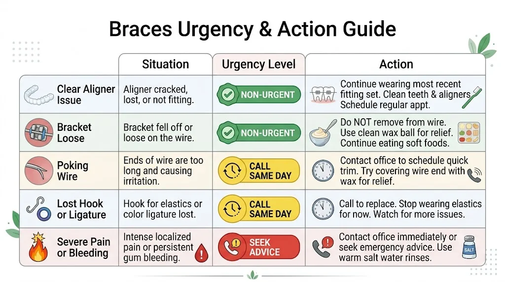 Bracket emergency decision guide — color-coded urgency levels from non-urgent to same-day call