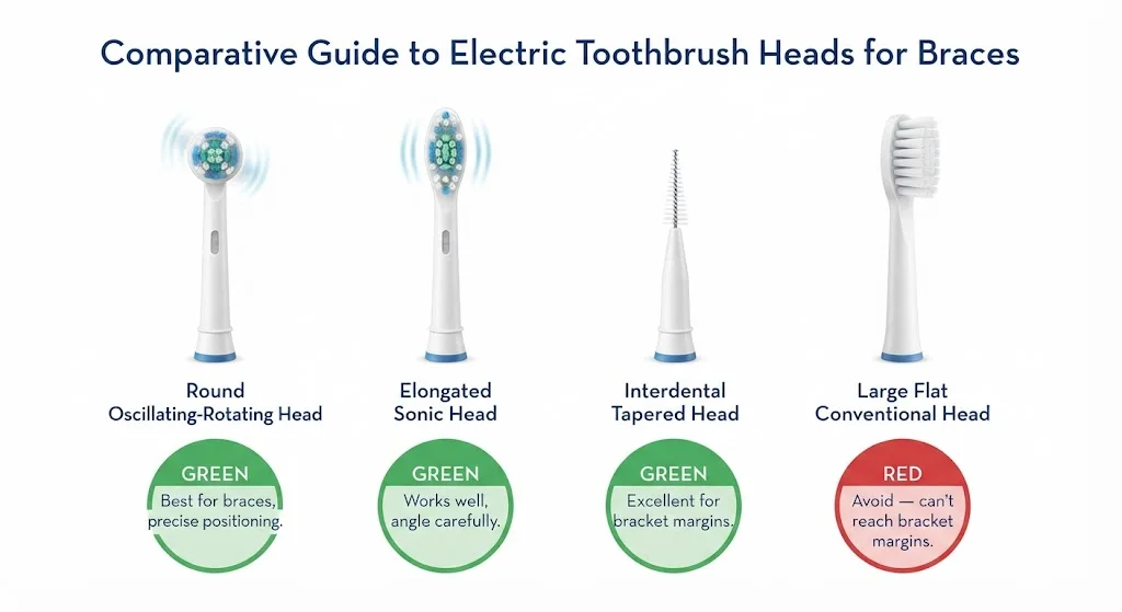 Four brush head types for braces — round head best, elongated good, interdental excellent, large flat avoid