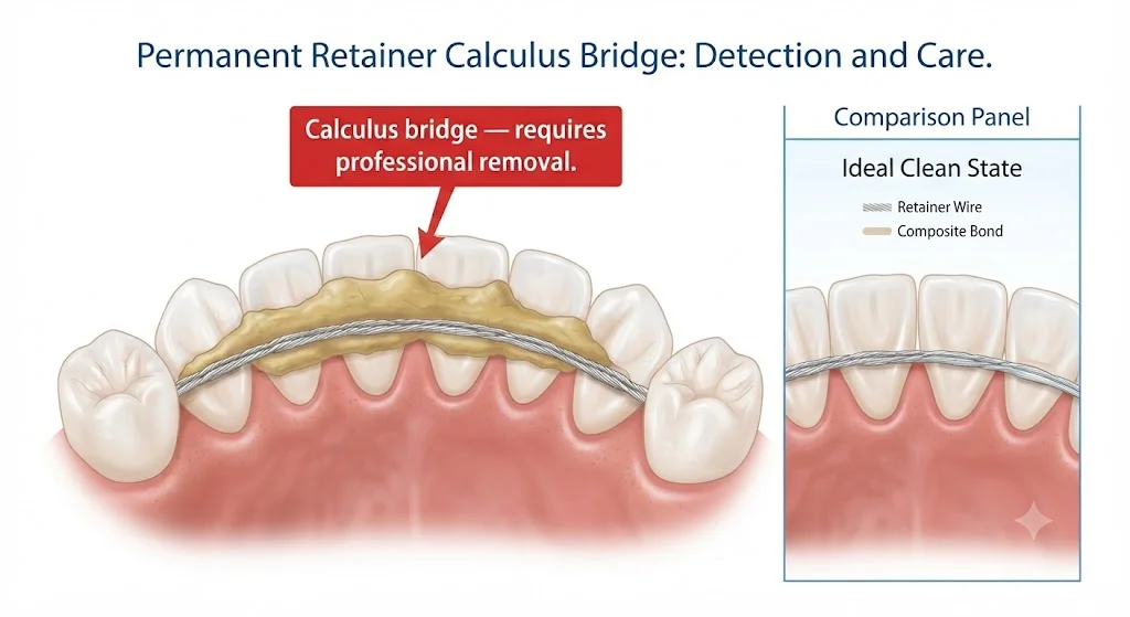 Calculus bridge on permanent retainer — yellow-brown calcified ridge across lower front teeth wire, compared to clean wire