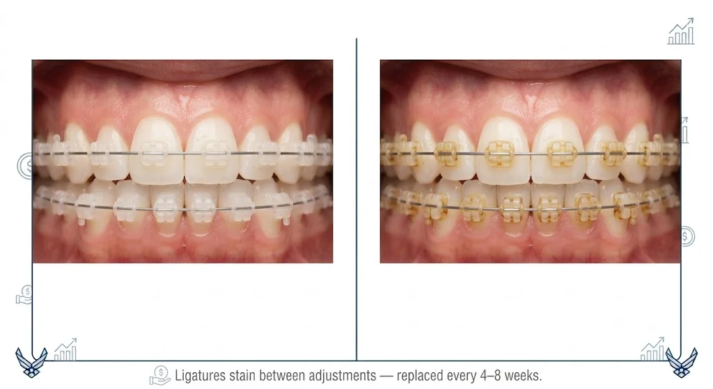 Ceramic braces ligature staining comparison — fresh white ligatures vs. stained ligatures from coffee and tea