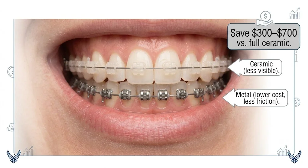 Hybrid braces setup — ceramic brackets on upper arch, metal brackets on lower arch for cost savings and reduced chipping risk