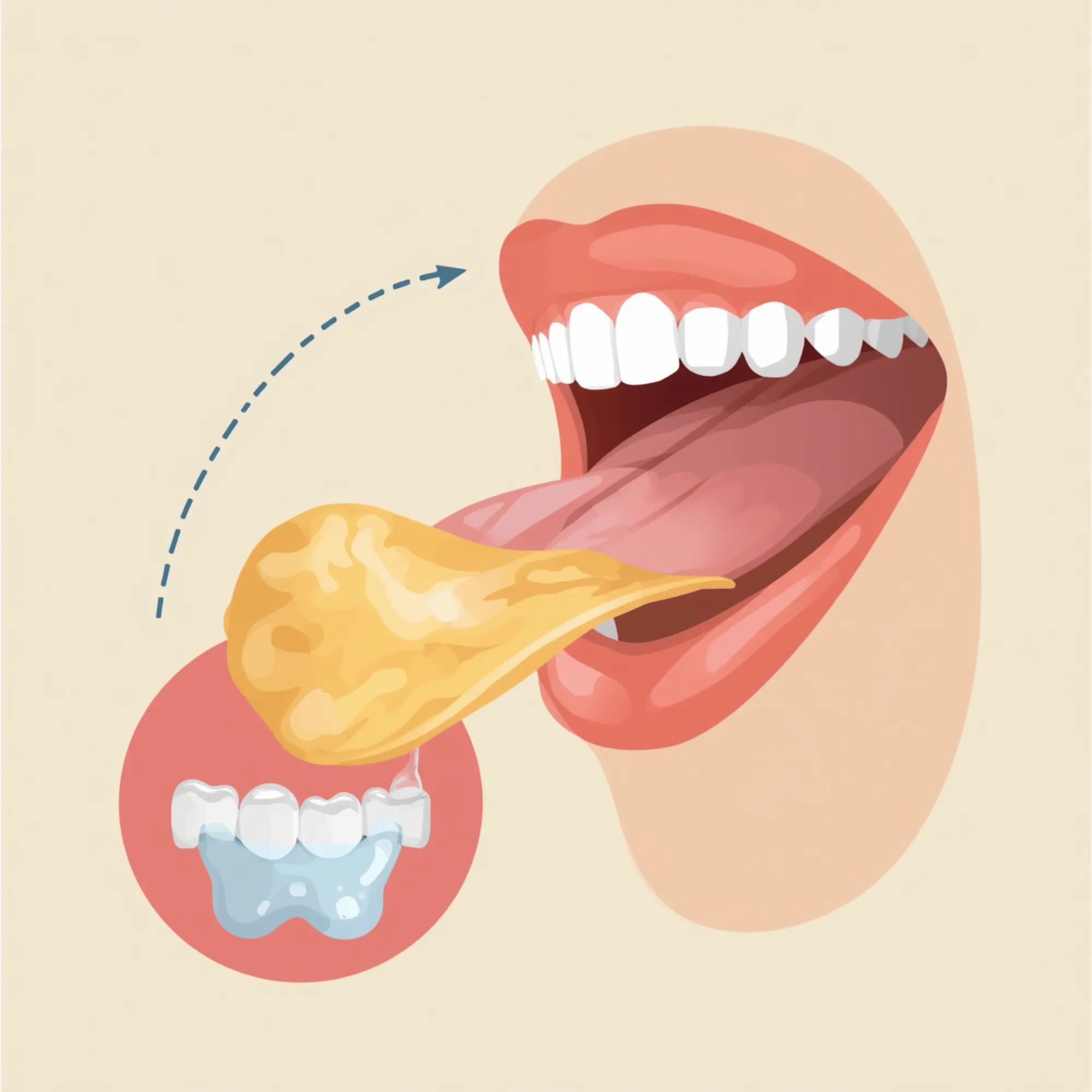 Chip dissolving on tongue before chewing with braces