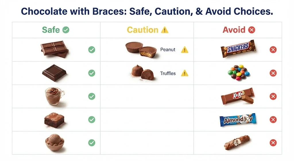 Comparison chart showing safe, caution, and avoid chocolate types for braces patients