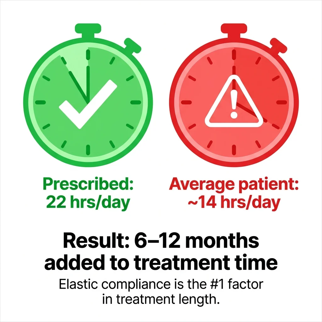 Prescribed 22 hours vs average 14 hours elastic wear — 6–12 months added to treatment time