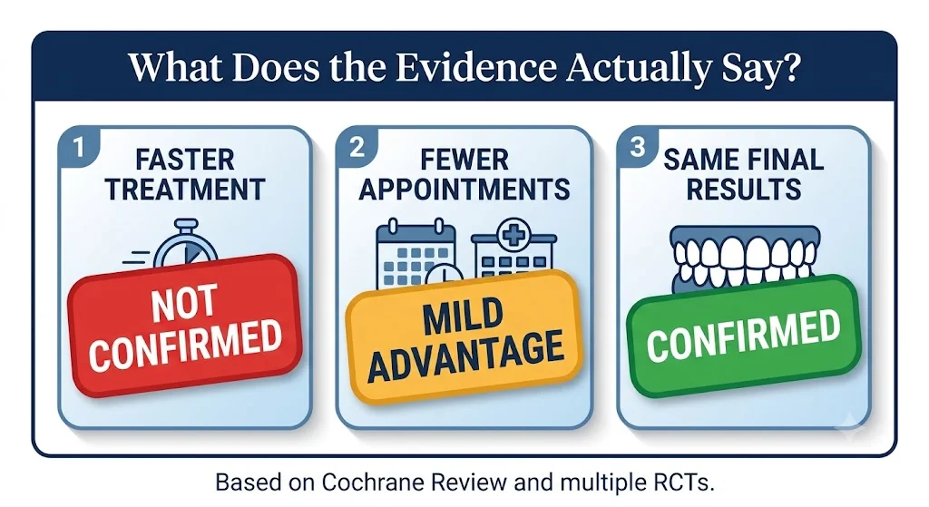 Evidence rating card for Damon braces claims — faster treatment not confirmed, fewer appointments mild advantage, same final results confirmed