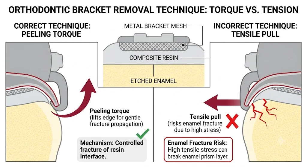 Diagram showing debonding plier applying peeling torque to remove a bracket