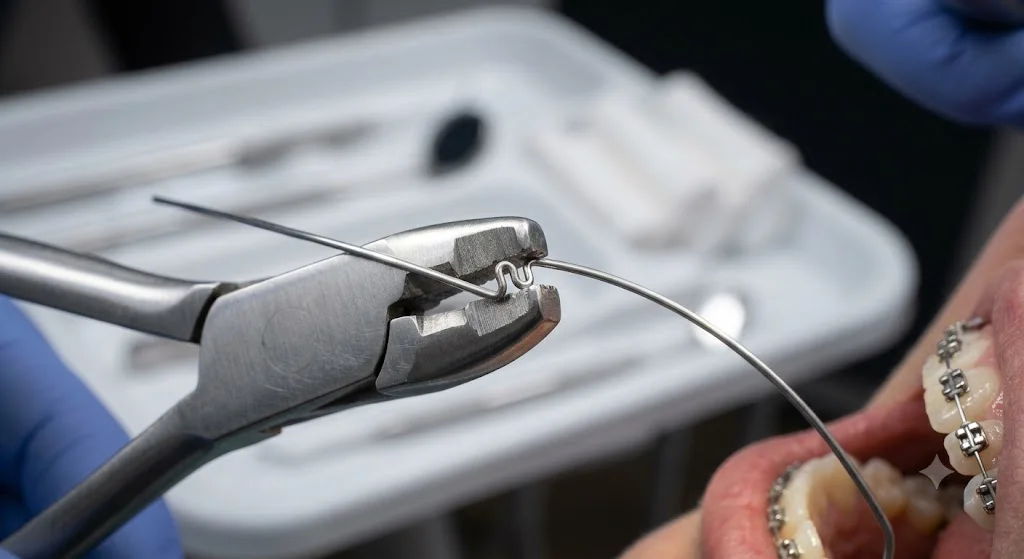 Orthodontist placing precise detailing bends into stainless steel archwire during finishing stage