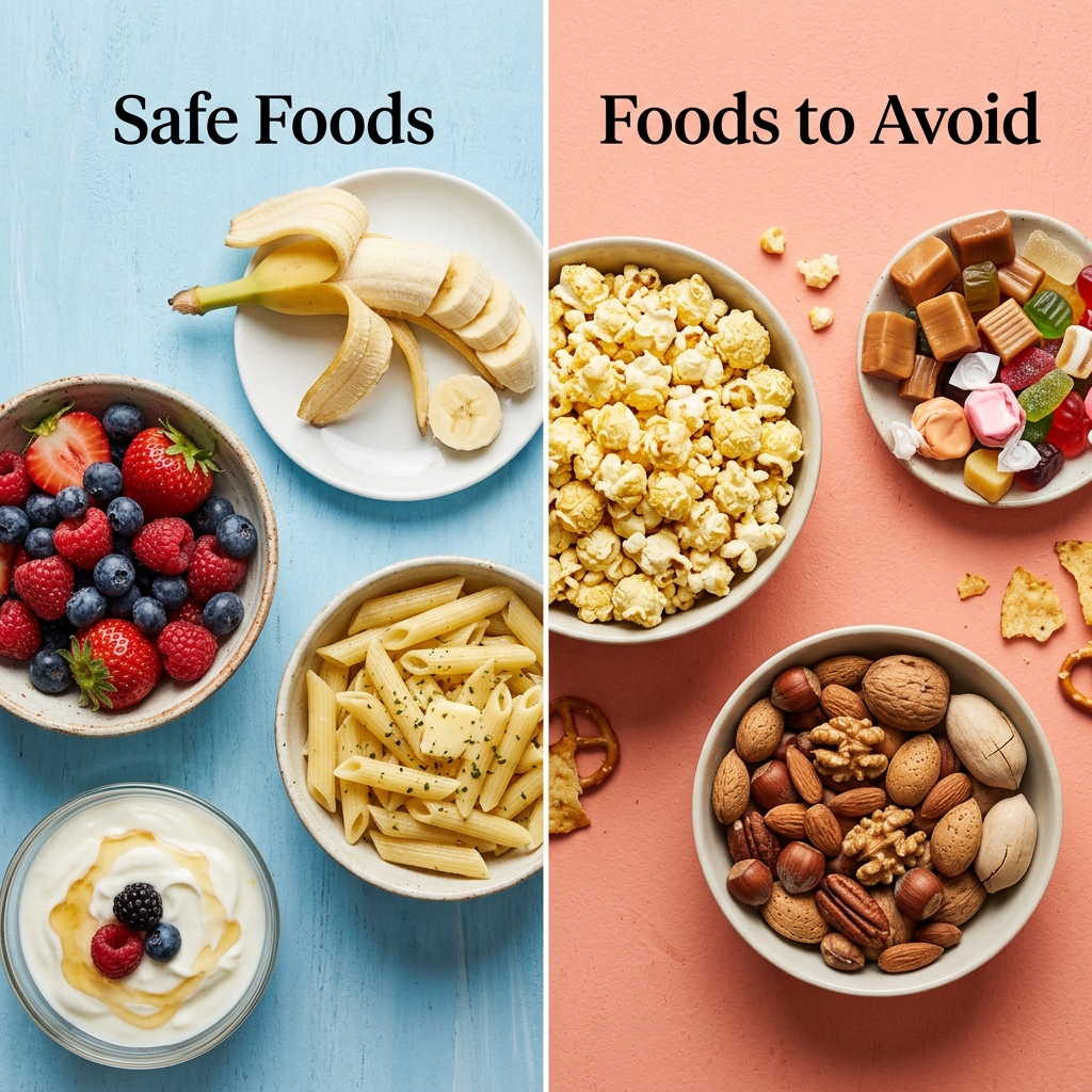Split-screen showing safe foods vs foods to avoid with braces