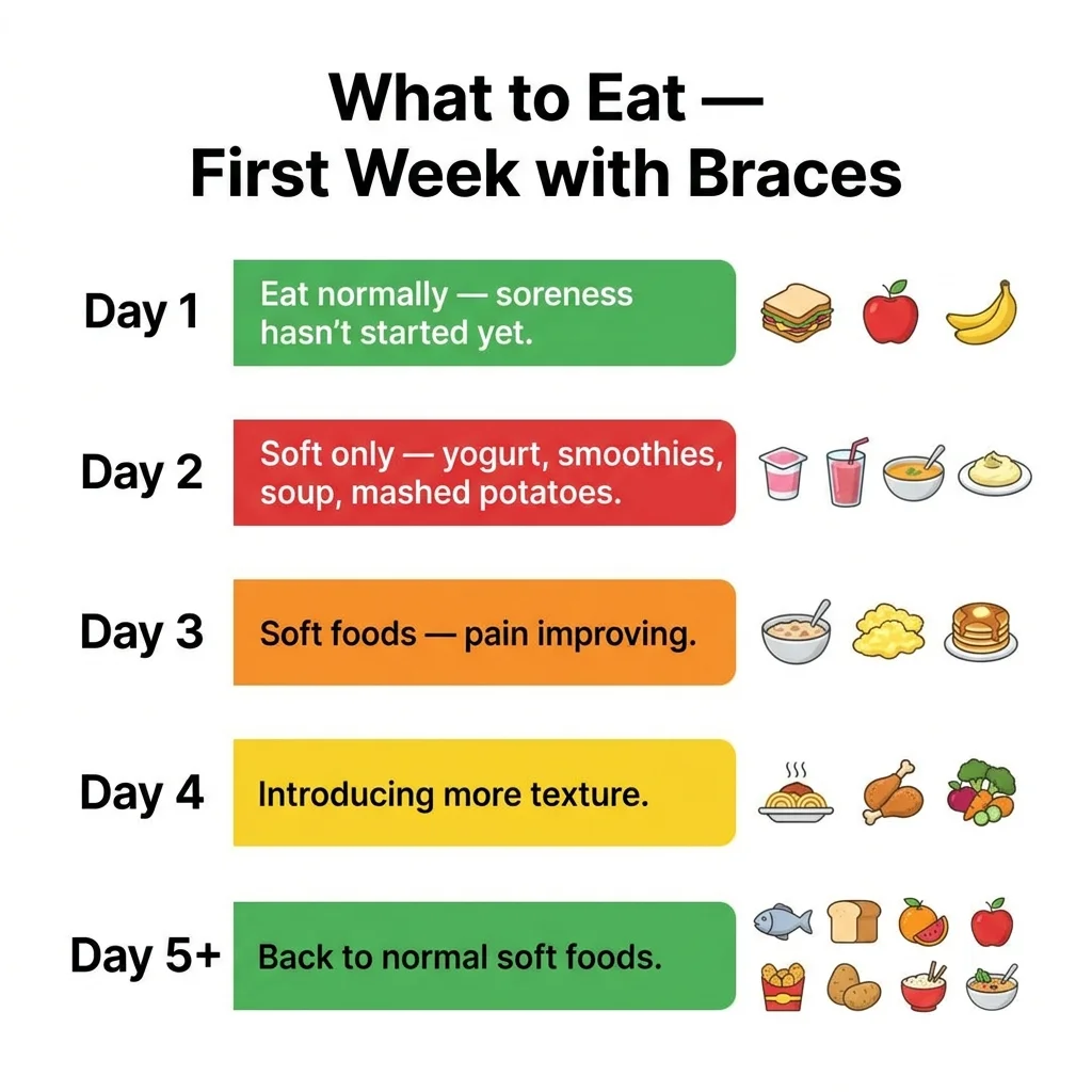 5-day eating guide for new braces: from normal eating Day 1 to soft foods Days 2–3 to recovery Day 5