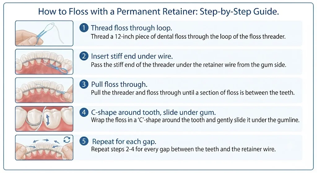 5-step floss threader guide for permanent retainer — thread, insert under wire, pull through, C-shape, repeat