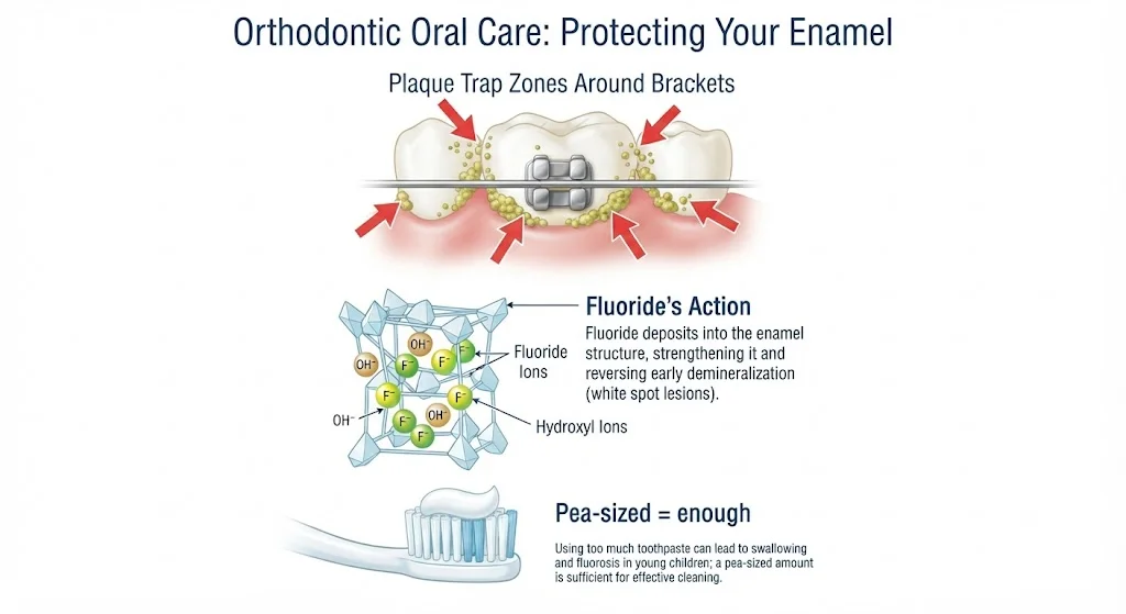 Fluoride toothpaste guide for braces — how it works on enamel, pea-sized amount, light rinse technique