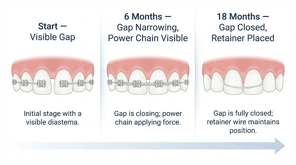 Timeline showing gap closure progress at start, 6 months, and 18 months of braces