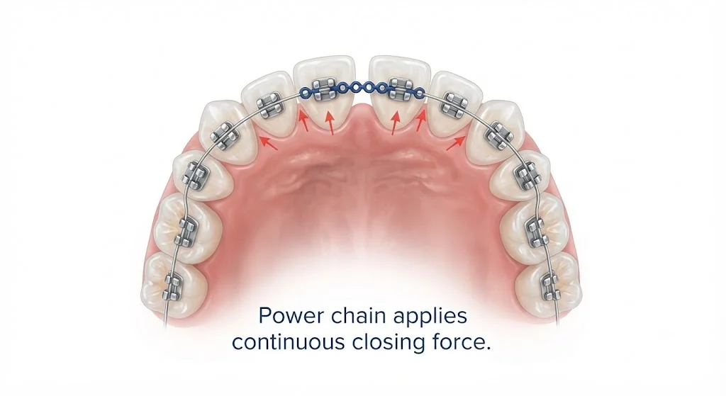 Infographic showing how power chains apply closing force to close gaps between teeth