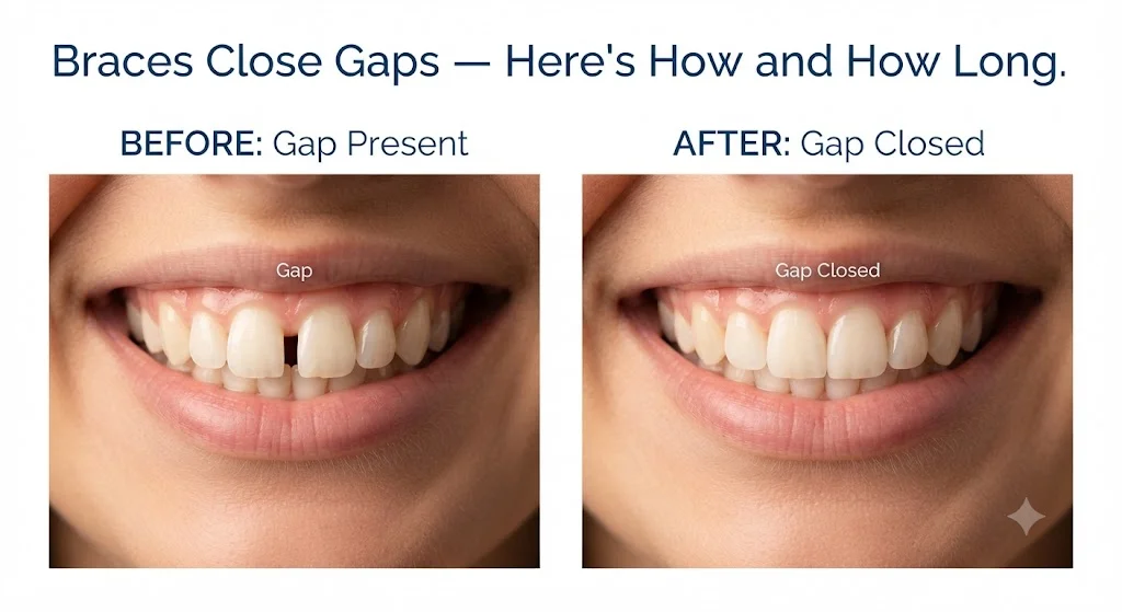 Before and after smile showing gap between front teeth closed by braces