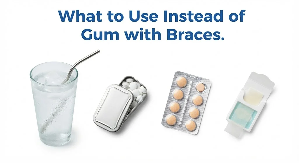 Braces-safe alternatives to gum: cold water, mints, breath strips, chewable vitamins