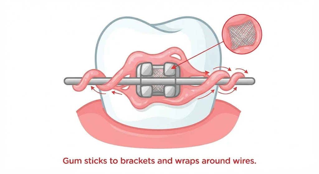 Clinical illustration showing chewing gum stuck to a bracket and wrapped around an archwire