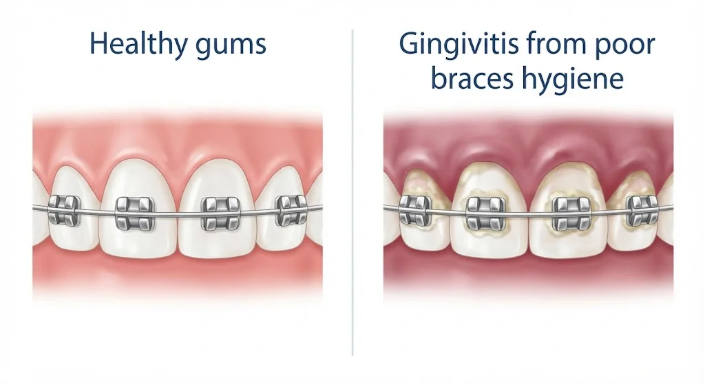 Healthy pink gum tissue vs inflamed red gum tissue with visible plaque buildup at braces bracket bases