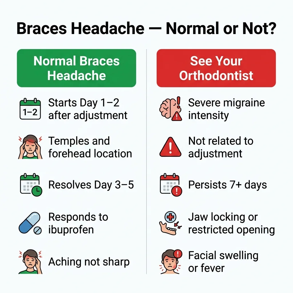 Two-column comparison of normal braces headache versus warning signs requiring orthodontist