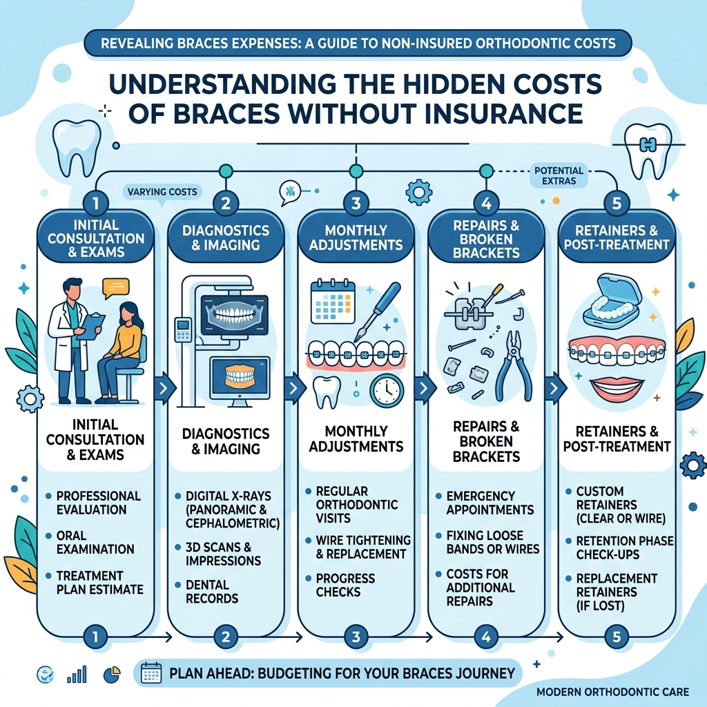 Infographic breaking down hidden out-of-pocket costs of braces including retainers, repairs, and records