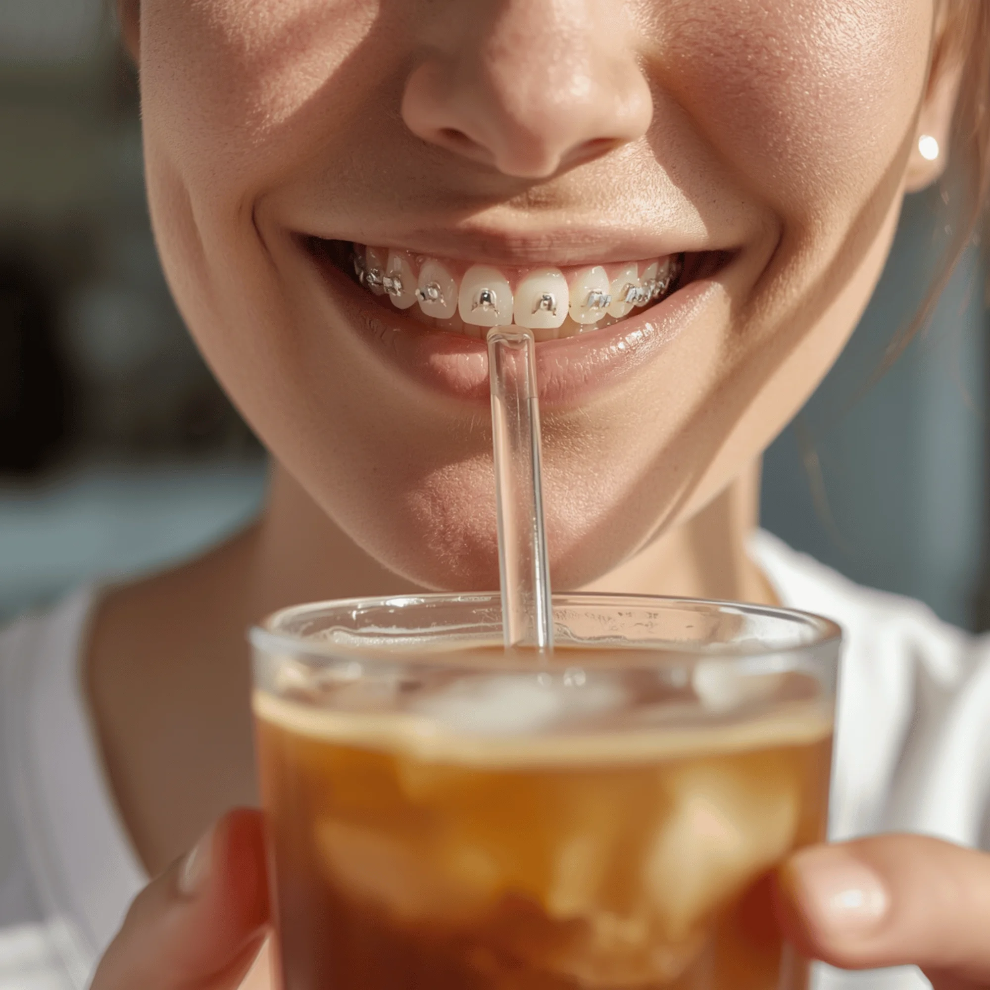 Drinking iced coffee with a straw while wearing braces