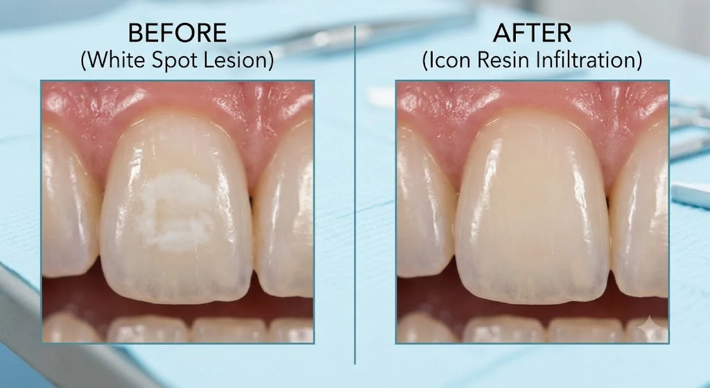 Before and after showing white spot lesion treated with Icon resin infiltration